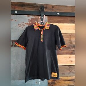 Vintage Black Polo Shirt with Multicolor Kente Trim